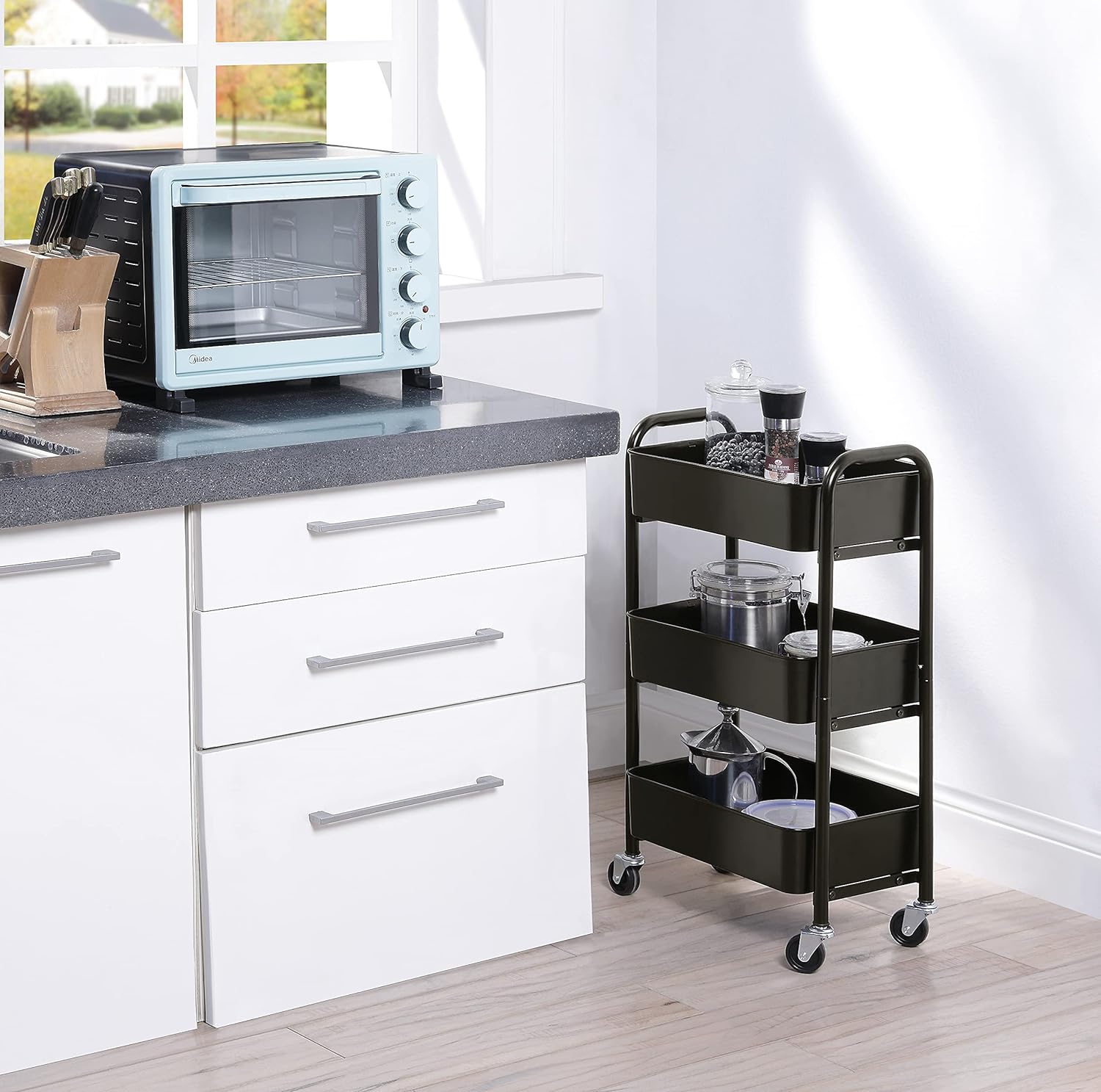 SunnyPoint 3-Tier Delicate Compact Rolling Metal Storage Organizer - Mobile Utility Cart Kitchen/Under Desk Cart with Caster Wheels (Turq, Compact (15.5" X 26.8" X 10.27")) - Image 4